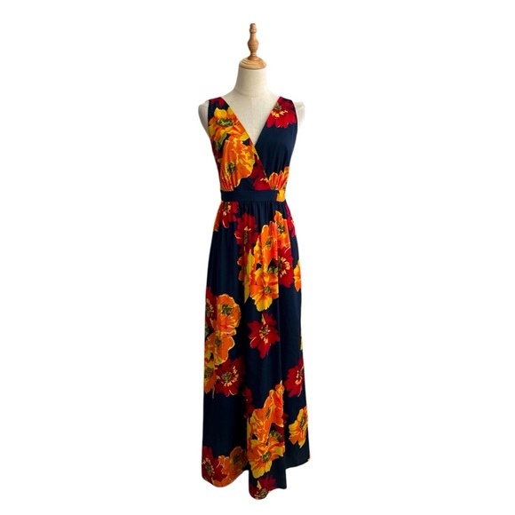 Ellen Tracy Multi Floral Red Yellow Orange Navy Sleeveless Maxi Dress Size 6 - Picture 1 of 9